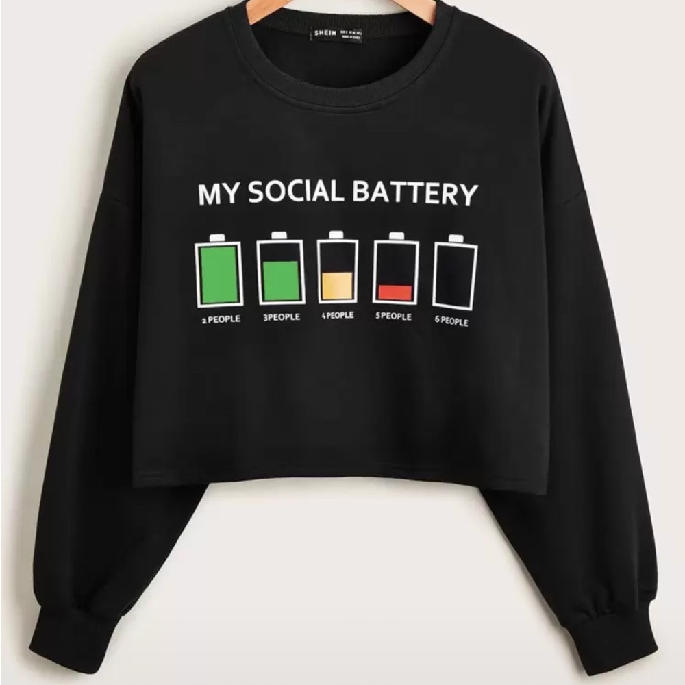 Black Graphic “Social Battery” Long Sleeve Shirt